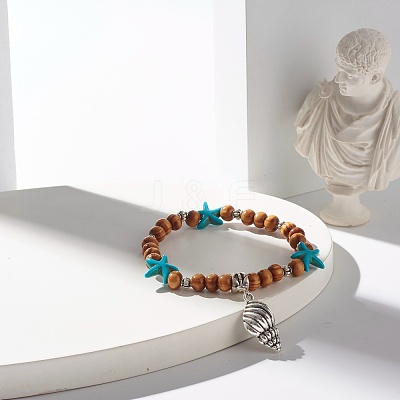 Starfish Synthetic Turquoise Beads & Round Natural Wood Beads Stretch Bracelet BJEW-JB07270-1