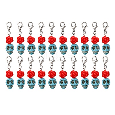Skull Synthetic Turquoise & Resin Rose Pendant Decorations HJEW-JM03999-1