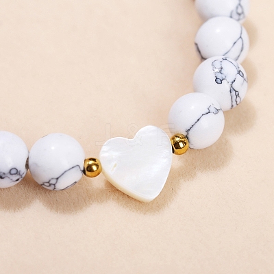 Natural Howlite Heart & Round Beads Stretch Bracelets for Men & Women LS-PW-WG82341-01-1