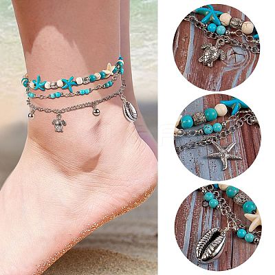 Synthetic Turquoise Beads Multi-strand Anklet AJEW-SW00008-1