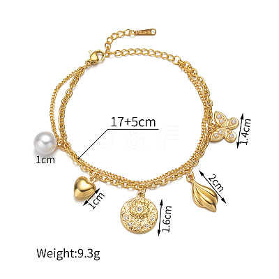 304 Stainless Steel Crystal Rhinestone and Imitation Pearl Butterfly Flower Charm 2-Strand Bracelets for Women WG73EE1-01-1
