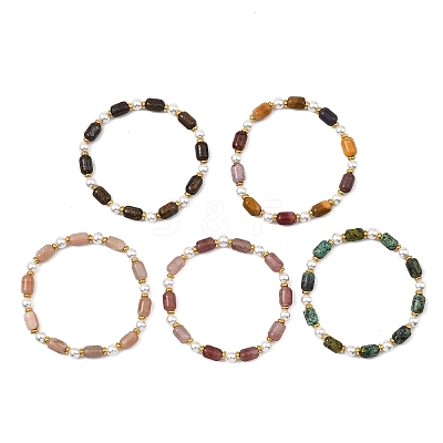 Natural Sunstone/Natural Strawberry Quartz/Natural African Turquoise(Jasper)/Natural Bronzite/Natural Mookaite & Shell Pearl & Brass Beads Stretch Bracelets for Women BJEW-JB13864-1
