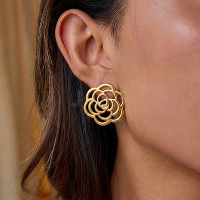 304 Stainless Steel Hollow Camellia Stud Earrings for Women DI8670-1-1