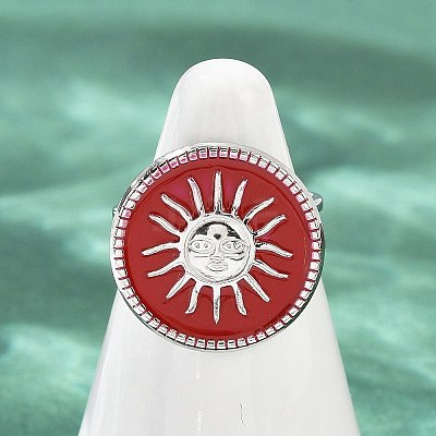 Flat Round with Sun Pattern 304 Stainless Steel Enamel Finger Rings for Women RJEW-G355-05P-02-1
