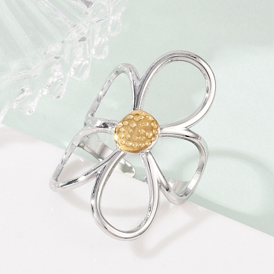 304 Stainless Steel Hollow Flower Open Cuff Rings RJEW-R018-02GP-1