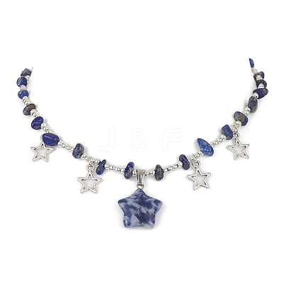 Natural Blue Spot Jasper & Alloy Star Charms Bib Necklace with Chips Beaded Chains NJEW-JN04512-01-1