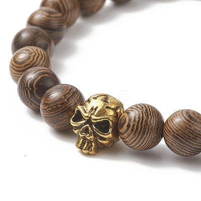Natural Wenge Wood & Alloy Skull Beaded Stretch Bracelet for Women BJEW-JB09146-1
