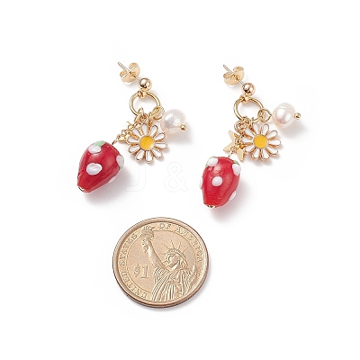 Natural Pearl & Alloy Enamel Flower & Lampwork Strawberry Dangle Stud Earrings EJEW-TA00143-1