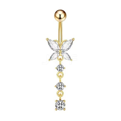 Butterfly Brass Pave Clear Cubic Zirconia Curved Barbell Dangle Belly Rings FS-WGEB4D3-08-1
