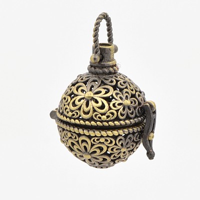 Vintage Filigree Round Brass Cage Pendants KK-D389-13AB-1
