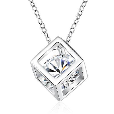 Silver Color Plated Brass Cubic Zirconia Cube Pendant Necklace NJEW-BB00455-1