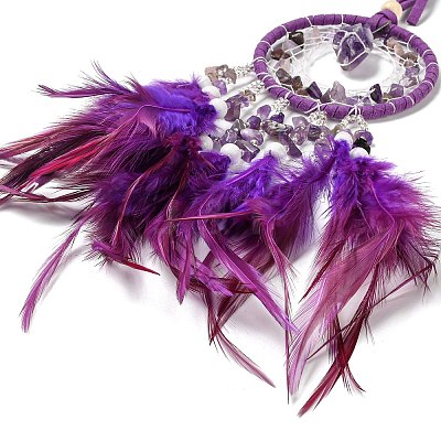 Natural Amethyst Woven Web/Net with Feather Pendant Decorations PW-WG69741-01-1