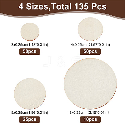 135Pcs 4 Styles Unfinished Wood Discs DIY-HY0001-78-1