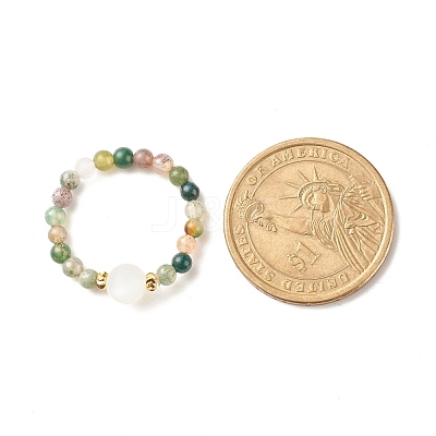Natural Indian Agate Round Beaded Stretch Ring with Moonstone RJEW-JR00440-05-1
