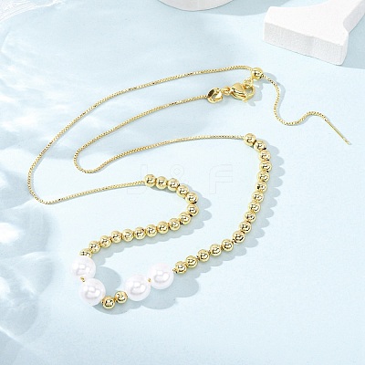 Brass & ABS Imitation Pearl Round Beaded Adjustable Slider Necklaces BJEW-H209-02G-1