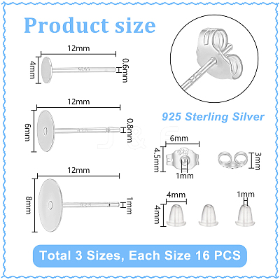 48Pcs 3 Styles Sterling Silver Earring Findings STER-PH0004-73-1