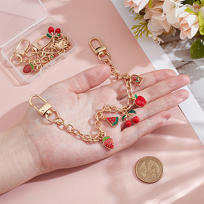 2Pcs Alloy FireBrick Enamel Fruit Charm Cable Chain Purse Decorative Chains HJEW-ME00012-1