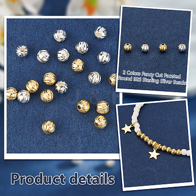 20Pcs 2 Colors Fancy Cut Faceted Round 925 Sterling Silver Beads STER-PH0001-72-1
