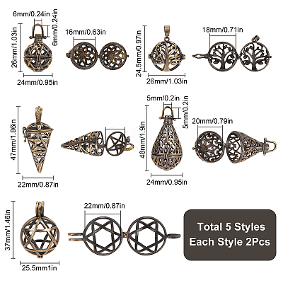 10Pcs 5 Styles Brass Hollow Cage Pendants KK-SC0003-06-1