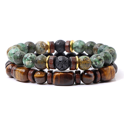 Men's Double-layered Tiger Eye Stone Beaded Bracelet Set - Natural Gemstone Jewelry ST5653212-1