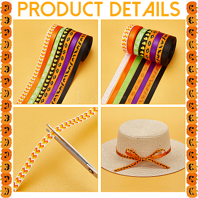 8Rolls 8 Colors Halloween Polyester Printed Grosgrain Ribbon OCOR-PH0004-26-1