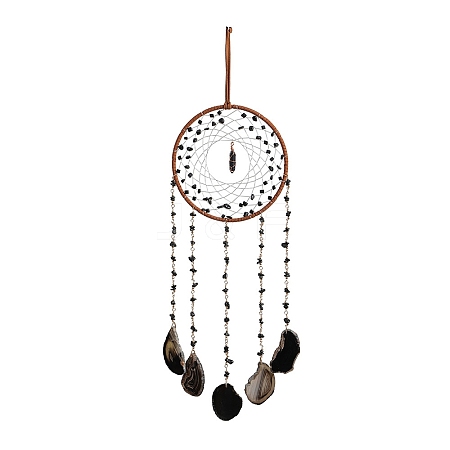 Iron & Natural Black Agate Woven Net Hanging Suncatchers HJEW-F027-09-1