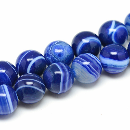  Jewelry Beads Findings Natural Striped Agate/Banded Agate Bead Strands, Dyed, Round, MediumBlue, 8mm, Hole: 1mm; about 48pcs/strand, 15.55"