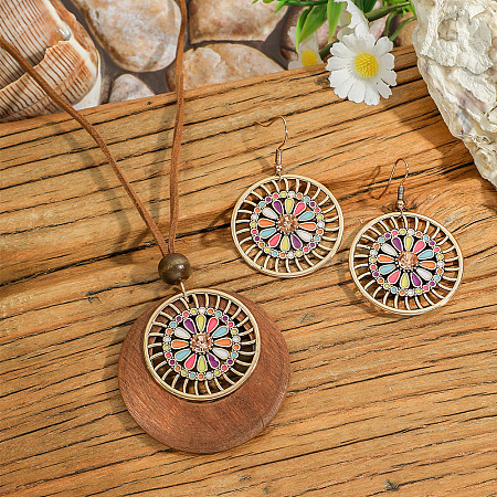 Ethnic Style Alloy Enamel & Wood Pendant Necklaces & Dangle Earrings Sets WG3F4B9-02-1