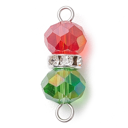 Red & Green Faceted Rondelle Transparent Glass & Brass Rhinestone Peanut Connector Charms PALLOY-JF03000-1