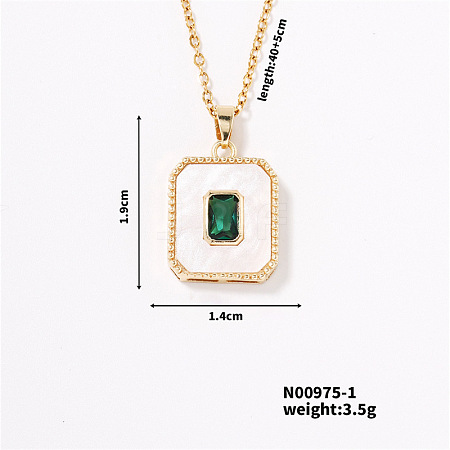 Shiny Brass Pave Green Cubic Zirconia Rectangle Pendant Necklaces for Women WG2782-1