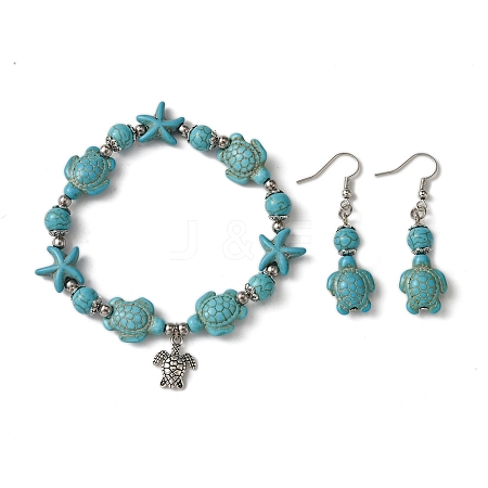 Starfish & Tortoise Synthetic Turquoise Beaded Stretch Bracelets & Dangle Earrings Kits SJEW-JS01311-02-1