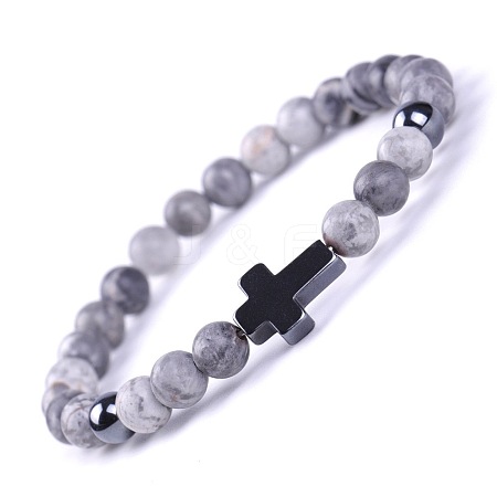 Natural Map Stone & Synthetic Non-magnetic Hematite Beads Stretch Bracelets for Women Men BO6196-5-1