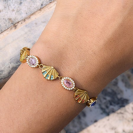 Ocean Theme 304 Stainless Steel Rhinestone Link Chain Bracelets for Women SA-CBA183D-09A-G-1