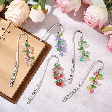 5Pcs 5 Colors Acrylic & Glass & Shell Pearl Pendant Bookmark AJEW-JK00358-1