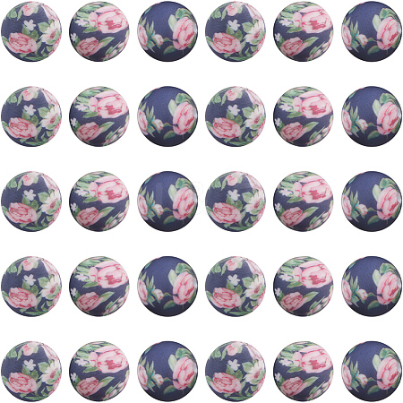 30pcs Round with Flower Pattern Silicone Focal Beads SIL-SC0002-03D-1
