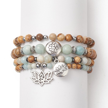 Natural Flower Amazonite & Picture Jasper Beaded Stretch Bracelets Sets with Non-Magnetic Synthetic Hematite BJEW-JB09281-1