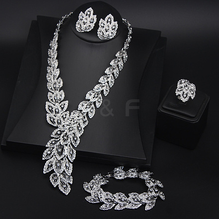 Feather Alloy Crystal Rhinestone Link Bracelets & Stud Earrings & Chain Necklaces & Rings Sets FS-WGFA57F-01-1