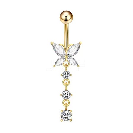 Butterfly Brass Pave Clear Cubic Zirconia Curved Barbell Dangle Belly Rings FS-WGEB4D3-08-1