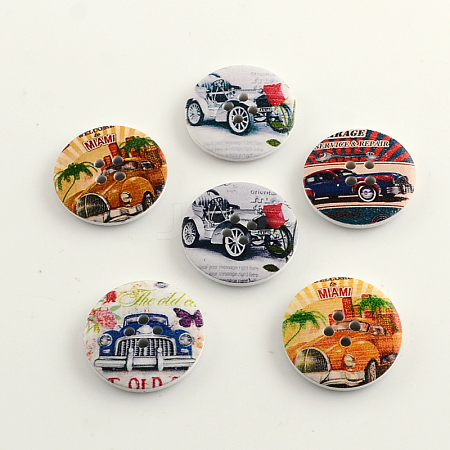 4-Hole Car Pattern Printed Wooden Buttons BUTT-R031-001-1