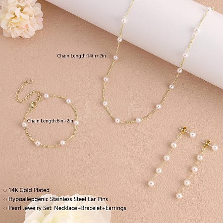 Brass with Plastic Pearl Round Beaded Necklaces & Stud Dangle Earrings & Bracelets Sets for Women FS-WG6BC39-01-1