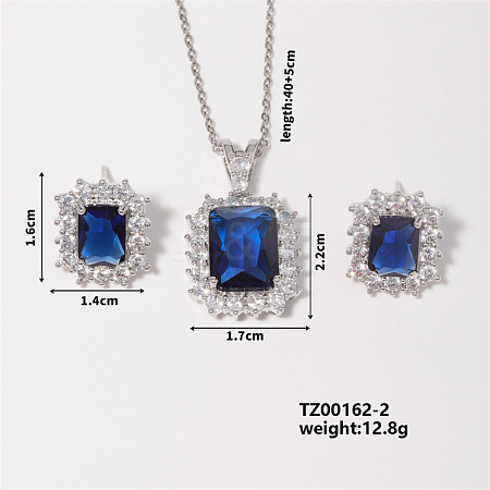 Fashionable Shiny Brass Glass Square Stud Earrings & Necklaces Set for Women CO1489-2-1
