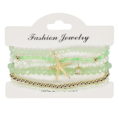 Bohemian Style Round Glass & Plastic Beads Stretch Bracelets & Starfish & Star Zinc Alloy Charm Bracelets Set for Women FS-WG8BA5D-02-1