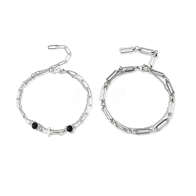 2Pcs 2 Styles 304 Stainless Steel Cable & Paperclip Chain Bracelets Multi-layered Bracelets BJEW-JB12331-1
