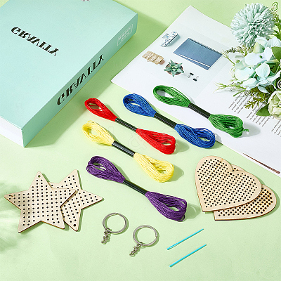 1 Set Wooden Heart Star Keychain Embroidery Beginner Kit DIY-SC0030-07-1