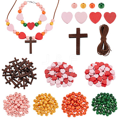 DIY Wood Round Heart Cross & Cowhide Leather Cord Necklaces Making Kits DIY-GA0007-97-1
