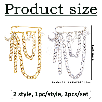 2Pcs 2 Styles Moon & Star Pendants Alloy Rhinestone Brooches JEWB-FH00035-1