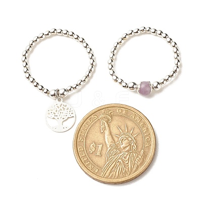 2Pcs 2 Style Natural Lavender Amethyst & Synthetic Hematite Beaded Rings with Brass Tree of Life Charms RJEW-JR00474-04-1