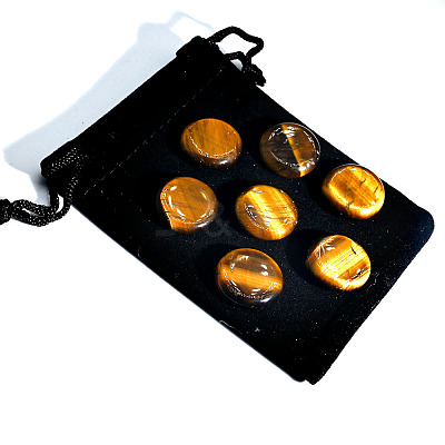 7Pcs Flat Round Natural Tiger Eye Rune Stones PW-WGF2DAF-07-1