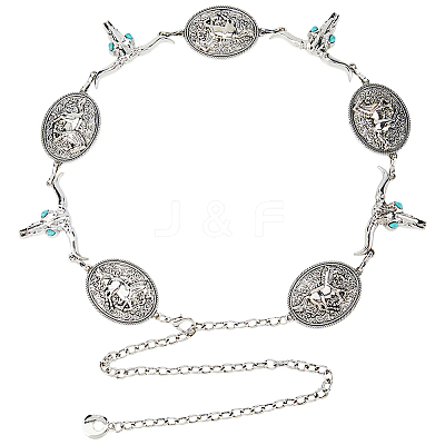 1Pc Tibetan Style Alloy Oval & Cattle Skull Head Link Chain Waist Belly Body Chains for Women AJEW-DC0003-23AS-1