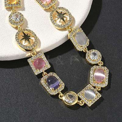 Brass Micro Pave Cubic Zirconia & Cat Eye Rectangle & Square & Oval Link Chain Bracelets for Women BJEW-G764-08G-1